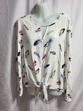 mandee White Feather-Print Tie-Front Blouse, Size Large